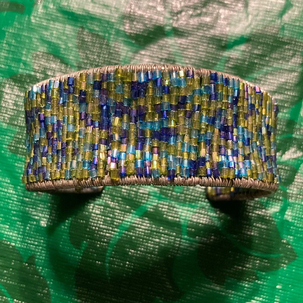 CUFF BRACELET shades of blue beads on inside & outside, some MOP $25 - Picture 1 of 5